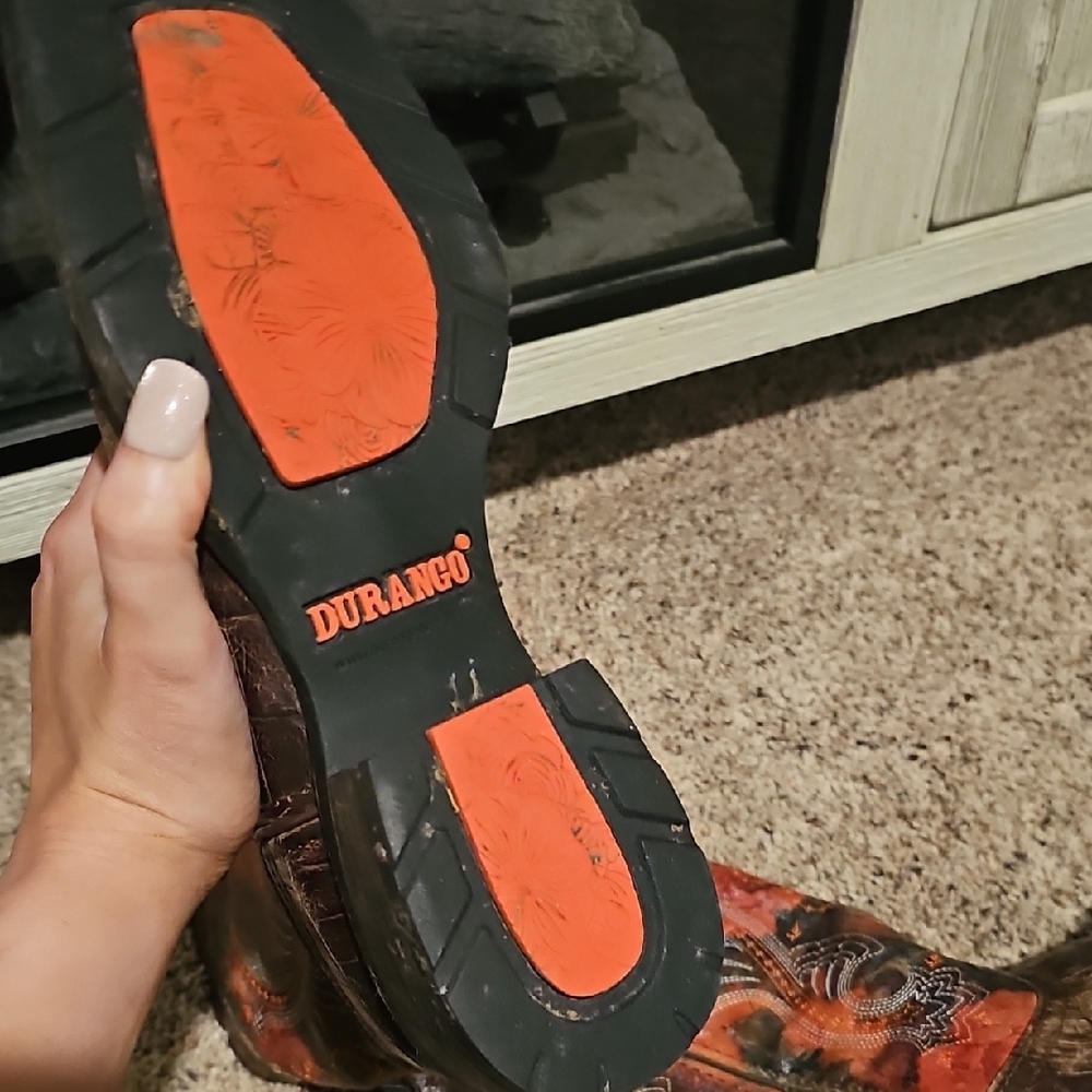 Brown Leather Western Cowboy Boots with Orange Floral Stitching - Picture 5 of 6